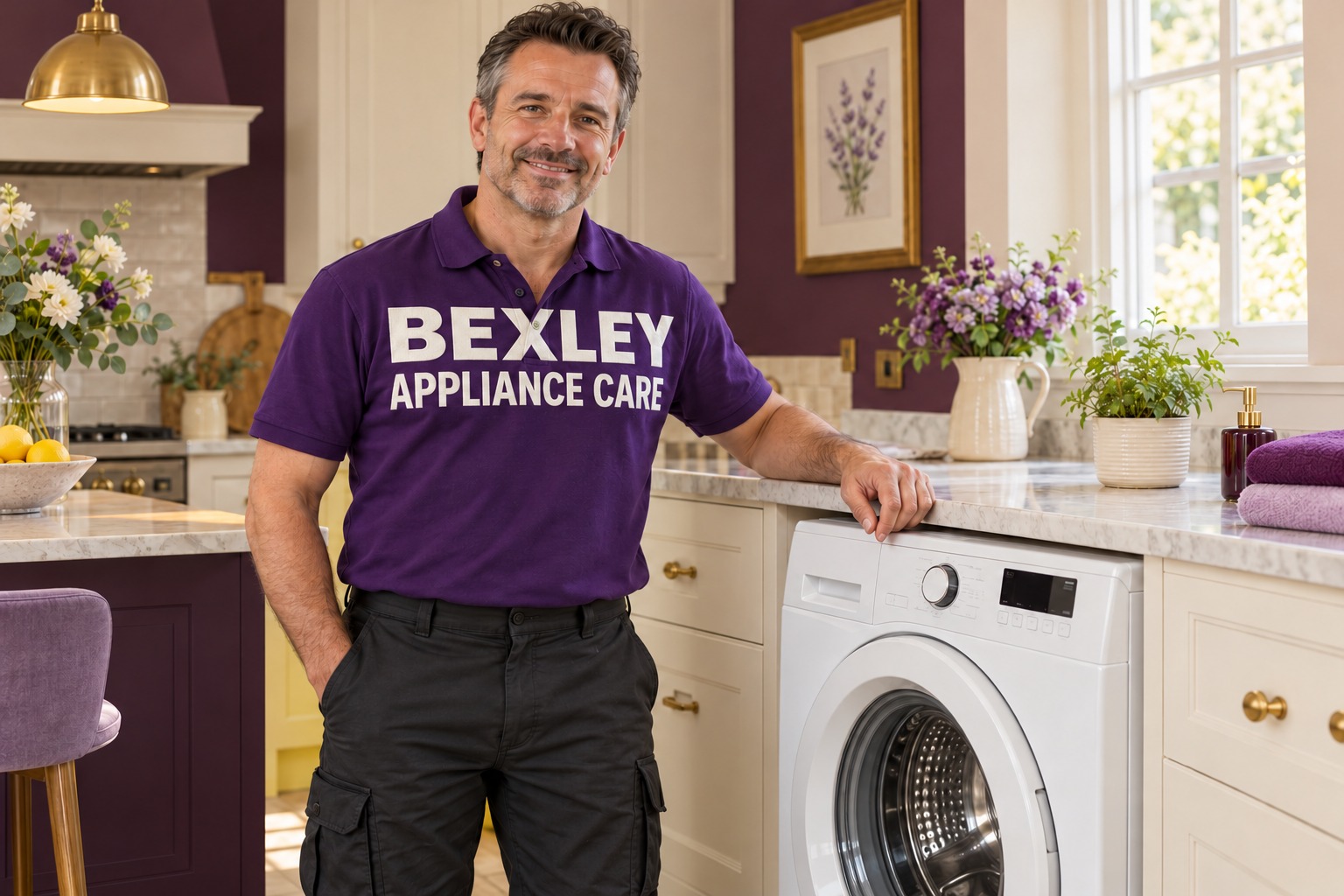 Illustrative Bexley Appliance Care engineer in a clearly branded purple polo